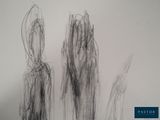 three black and white drawings of people standing next to each other