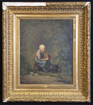 un tableau représentant une femme à genoux, avec un chien sur les genoux