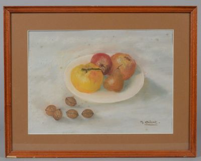 a painting of apples and pears on a plate