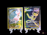 two pokemon cards on display on a black background