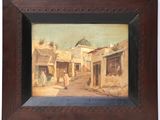 une peinture à l'huile représentant une scène de rue avec un homme marchant dans la rue