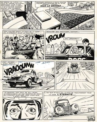 une bande dessinée en noir et blanc représentant une voiture et un homme à l'intérieur