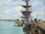 tableau représentant un voilier amarré à un quai, avec un homme vêtu d'une chemise rouge