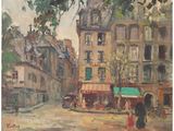 painting of a street scene with people walking and a horse drawn carriage in the foreground