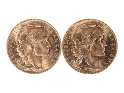 Deux pièces de vingt francs or au coq, 1914. Usures. - Photo 1