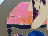 un tableau représentant une femme assise sur un canapé rose