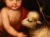 a painting of a baby and a sheep in a room