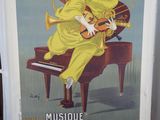 affiche représentant une femme en robe jaune jouant d'un instrument de musique