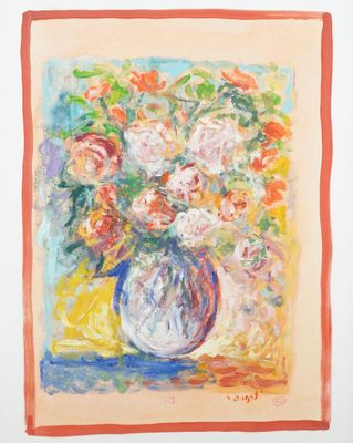 painting of a vase of flowers on a table with a yellow background