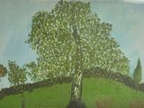 une peinture représentant un arbre sur une colline, avec le ciel en arrière-plan