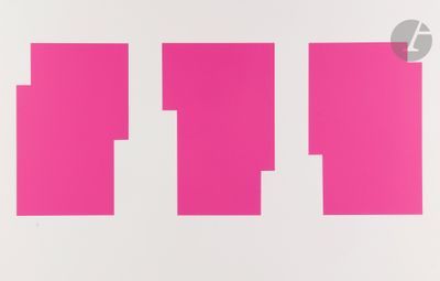 a white wall with pink squares on it in a room