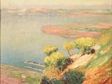 une image représentant un tableau représentant une vue sur un lac et des collines