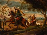 a painting of a man riding a horse with other men