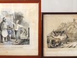 two framed pictures of a man and a woman with animals