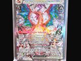 a close up of a pokemon card on a stand
