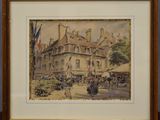 an image of a painting of a building with a horse drawn carriage in front of it