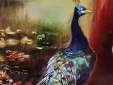 a painting of a peacock sitting on the ground
