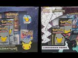 two boxes of pokemon trading cards are shown on a black background