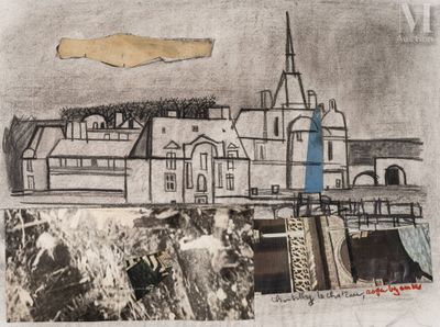 a picture of a drawing of a city with a blue flag
