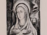 a black and white drawing of a woman holding a baby