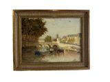 an image of a painting of boats on a river with a bridge in the background
