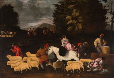 painting of a group of people with animals and sheep in a field