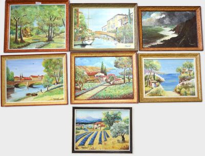 paintings on a wall of a variety of different sizes and colors