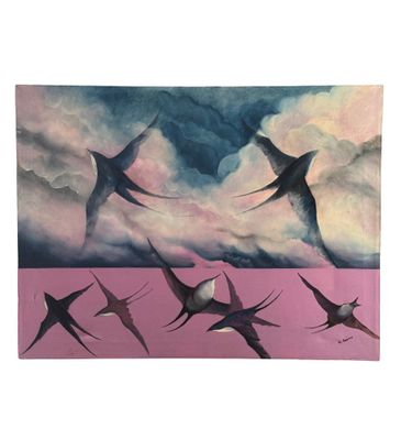 tableau représentant une volée d'oiseaux volant dans le ciel sur fond rose