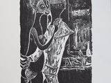 une image représentant un dessin en noir et blanc d'un homme dans une cuisine