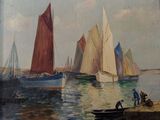 une peinture représentant un groupe de voiliers sur l'eau