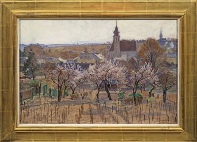 l'image d'un tableau représentant un village avec une église à l'arrière-plan