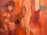 an oil painting of a woman standing next to a man in a room