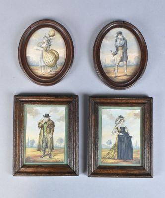 three framed paintings of women in period clothing hang on a wall