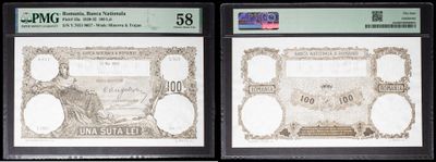 three different types of currency are displayed in a display case