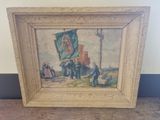 une vieille photo représentant un tableau où l'on voit un groupe de personnes dans une rue