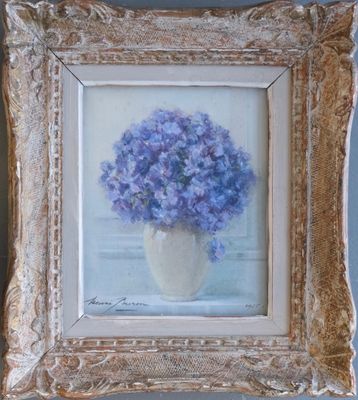 a painting of a vase with purple flowers in it
