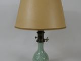 une lampe posée sur une table et munie d'un abat-jour