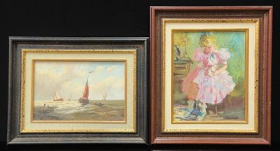deux tableaux représentant une fillette en robe rose et un voilier