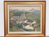 a picture of a painting of a village in the country