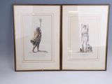 two framed prints of a man and a woman holding vases