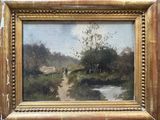an image of a painting of a river with a house in the background