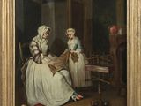 un vieux tableau représentant deux femmes assises dans une pièce en compagnie d'un chien et d'un chat