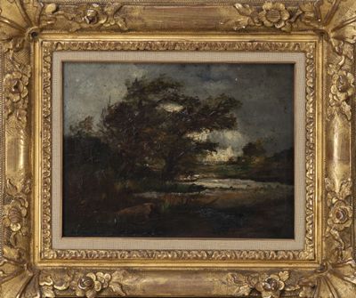 an oil painting of a landscape with trees and a river