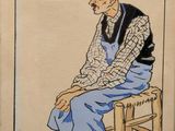 painting of a man sitting on a chair wearing a hat and overalls