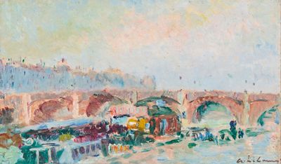 une peinture à l'huile représentant un train traversant un pont au bord d'une rivière