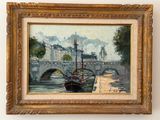 une peinture d'un bateau sur l'eau près d'un pont