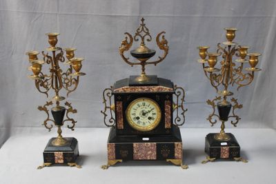 Garniture de cheminée en marbre noir et rouge, monture en mé…