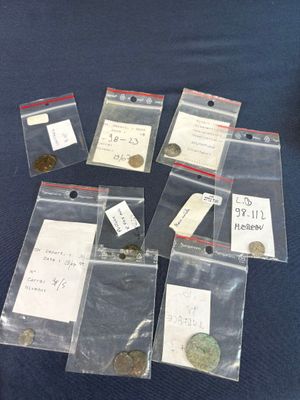 six bags of coins are sitting on top of a blue table
