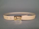 beige leather belt with a gold buckle with a horse on it