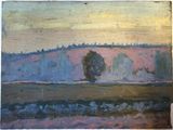 an oil painting of a tree in a field with a pink sky in the background